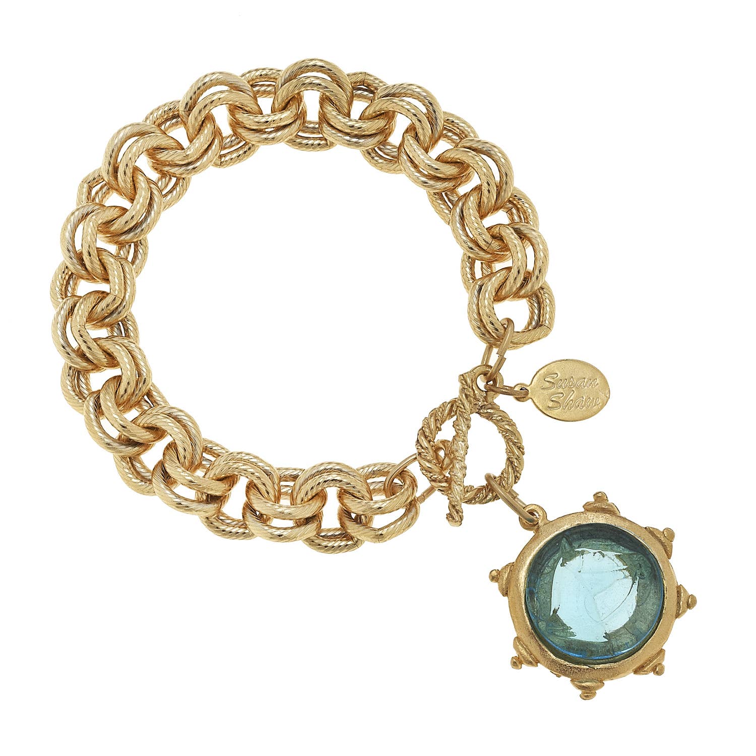 Aqua Venetian Glass Horse Head Intaglio on Gold Chain Bracelet