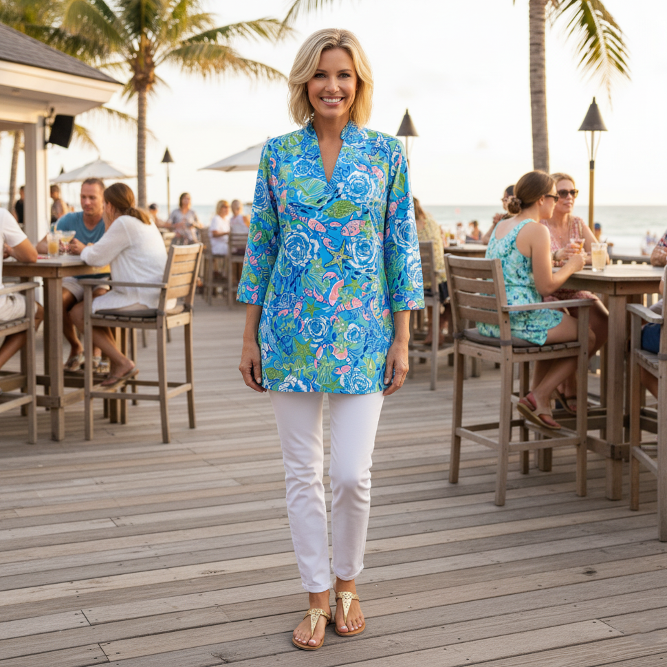 Largo Tunic Top in Under The Sea Blue/Coral