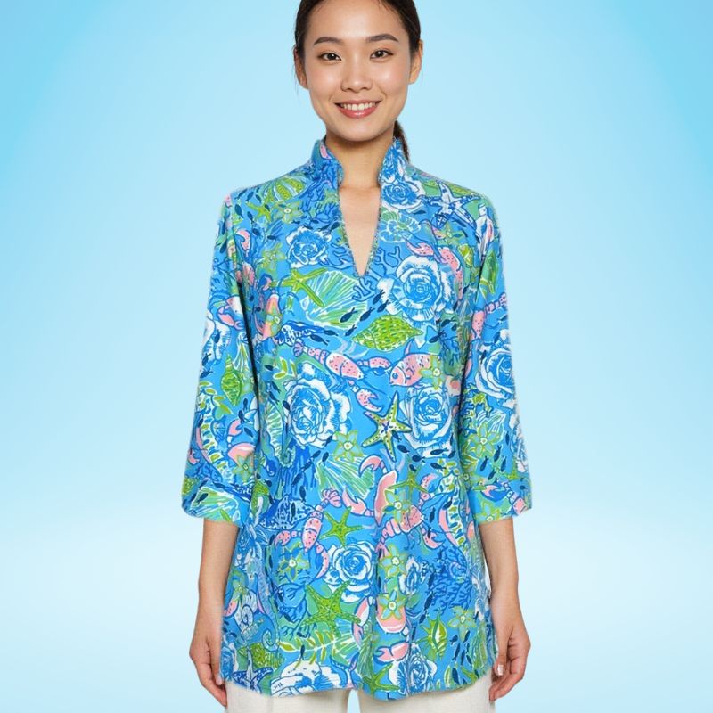 Largo Tunic Top in Under The Sea Blue/Coral