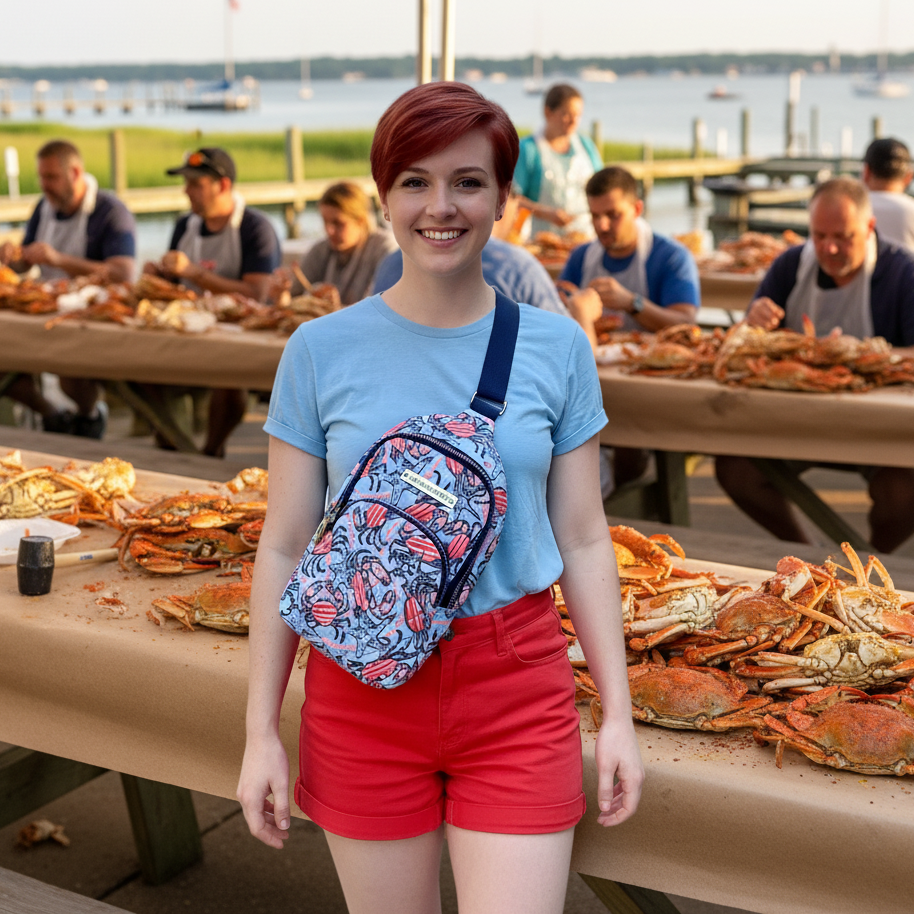 Quilted Sling Backpack in Crabtown USA