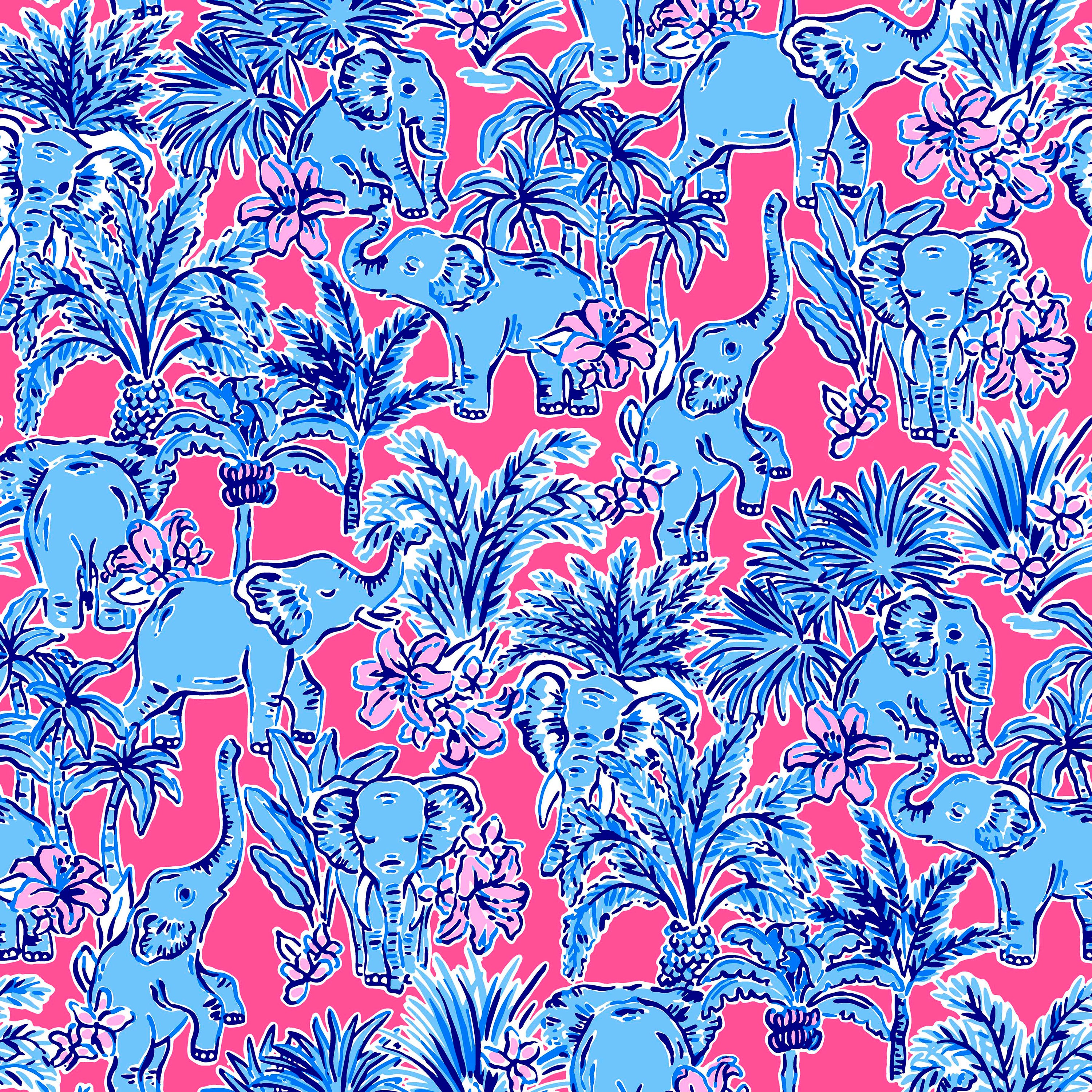 Quilted Large Zippered Cosmetics Pouch in Elephants and Palms Blue and Pink