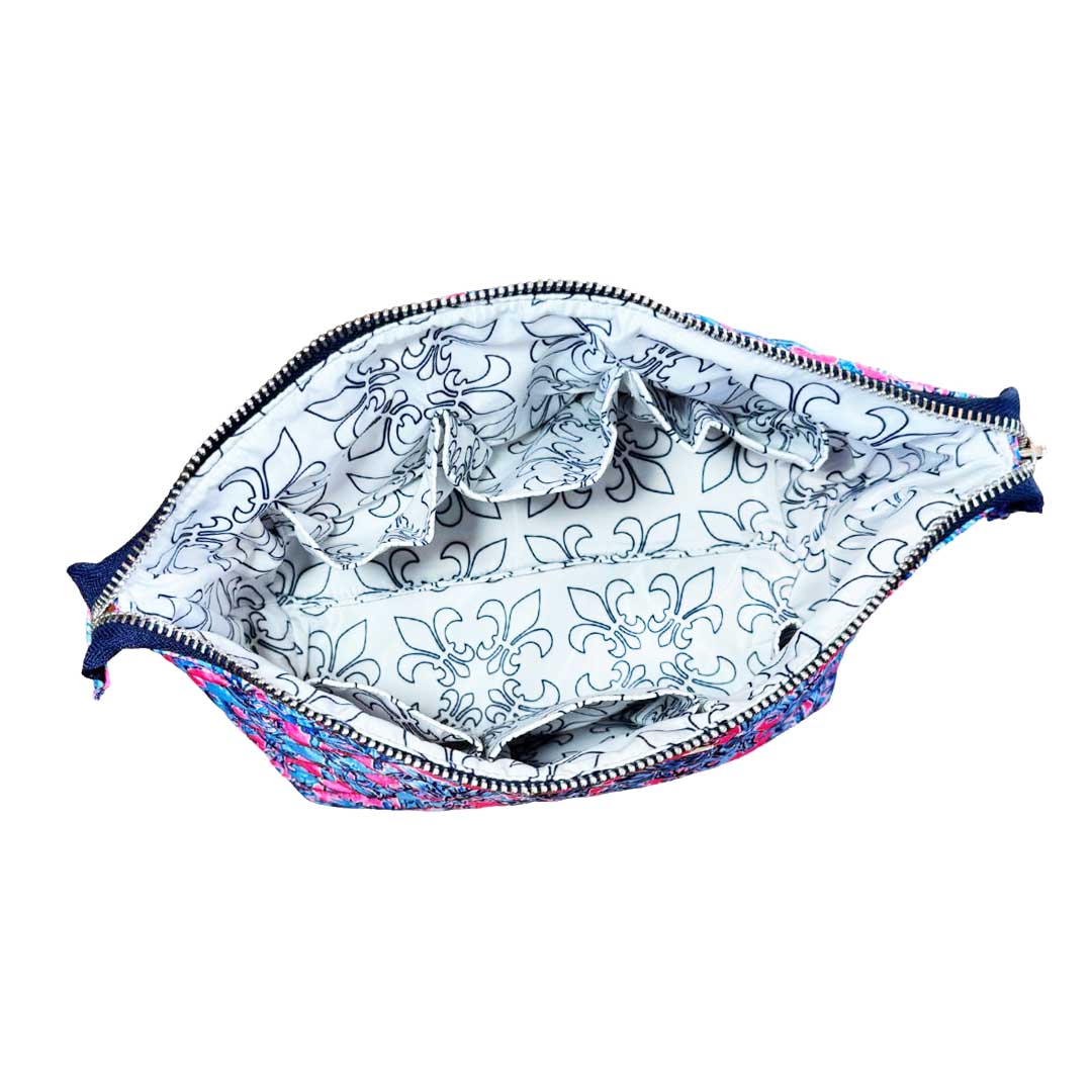 Quilted Large Zippered Cosmetics Pouch in Elephants and Palms Blue and Pink