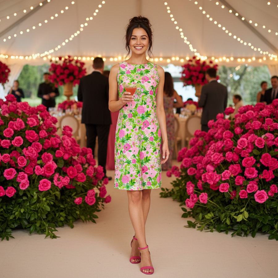 Seaside Boat Neck Dress in Nancy's Garden Pink and Green
