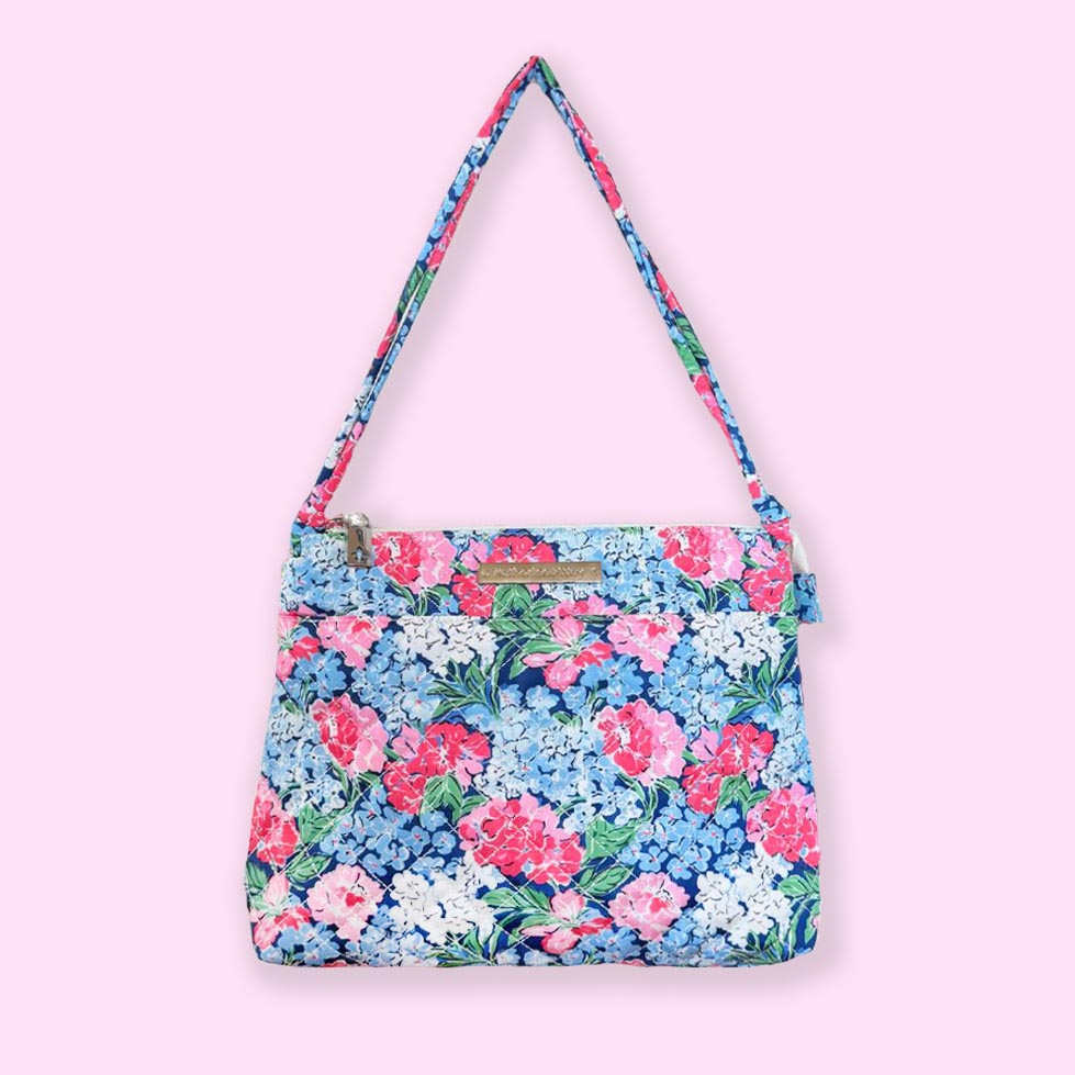 Quilted Crossbody Hipster in Hydrangeas Blue Pink White