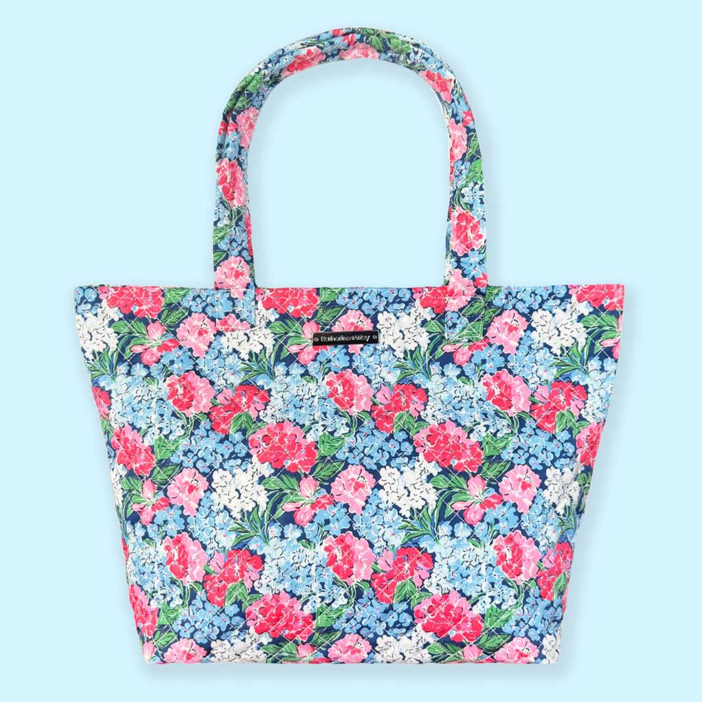 Quilted Large Tote in Hydrangeas Blue Pink White