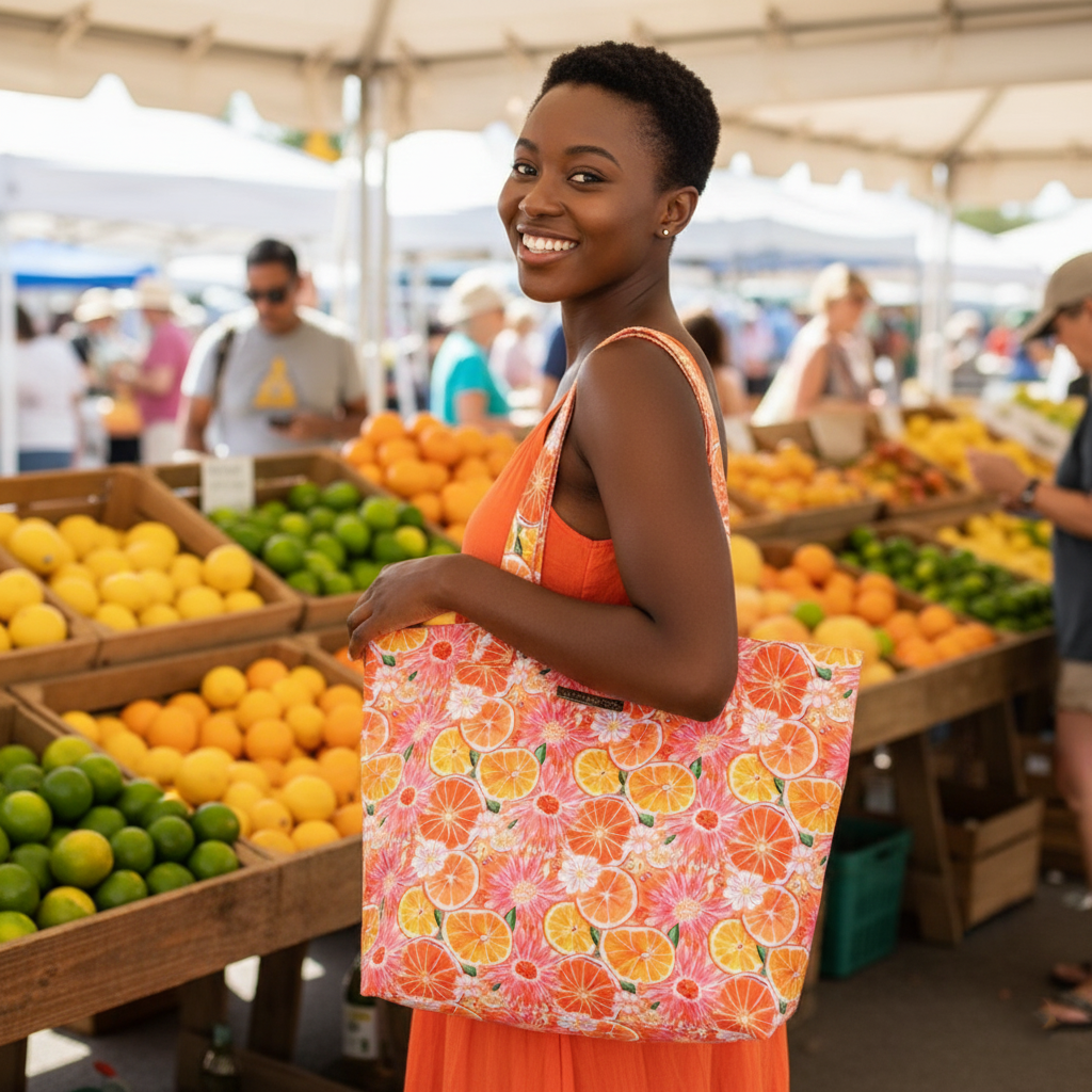 Quilted Large Tote in Citrus Zip Oranges and Dahlias