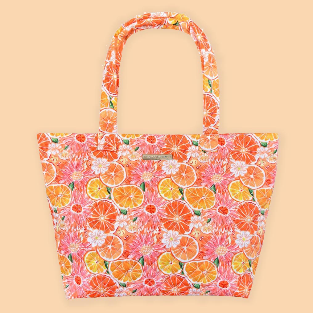 Quilted Large Tote in Citrus Zip Oranges and Dahlias