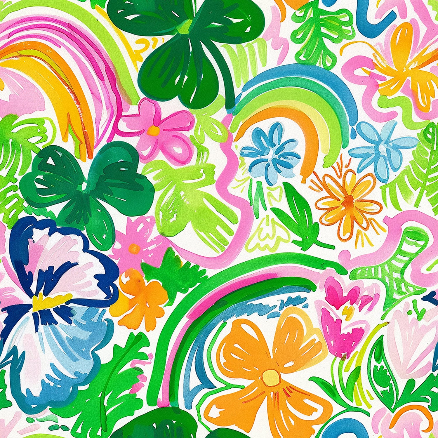 Colorful pattern of rainbows, flowers, and leaves on a white background