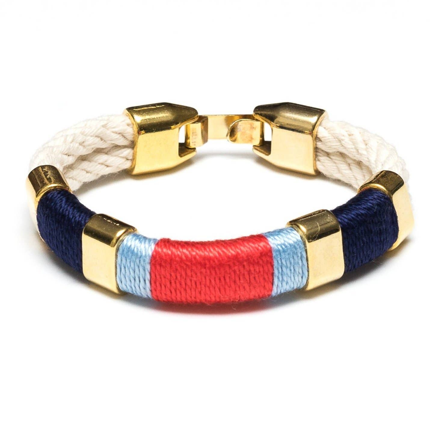 Bracelet with gold clasp, white, red, and blue stripes on a white background