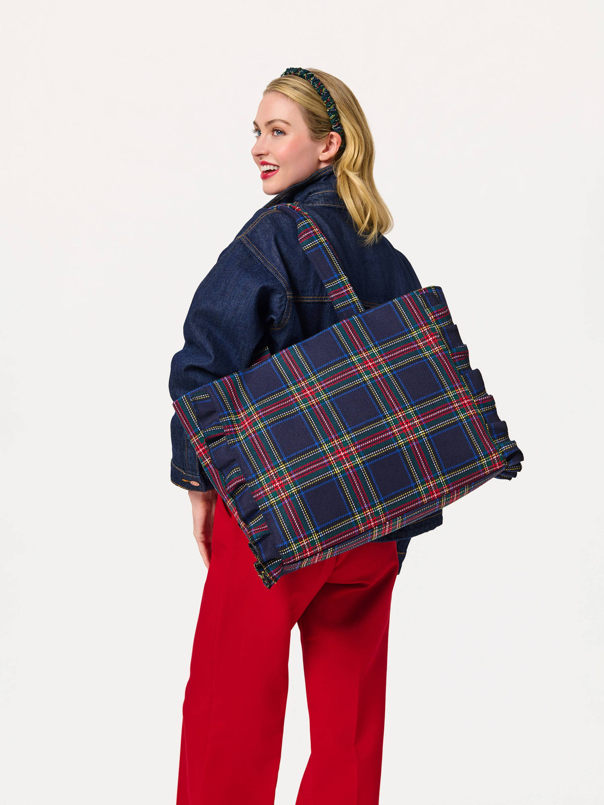 Scottie Ruffle Tartan Tote in Navy