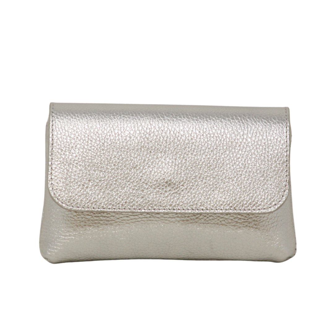 Genuine Italian Leather Crossbody Clutch in Silver