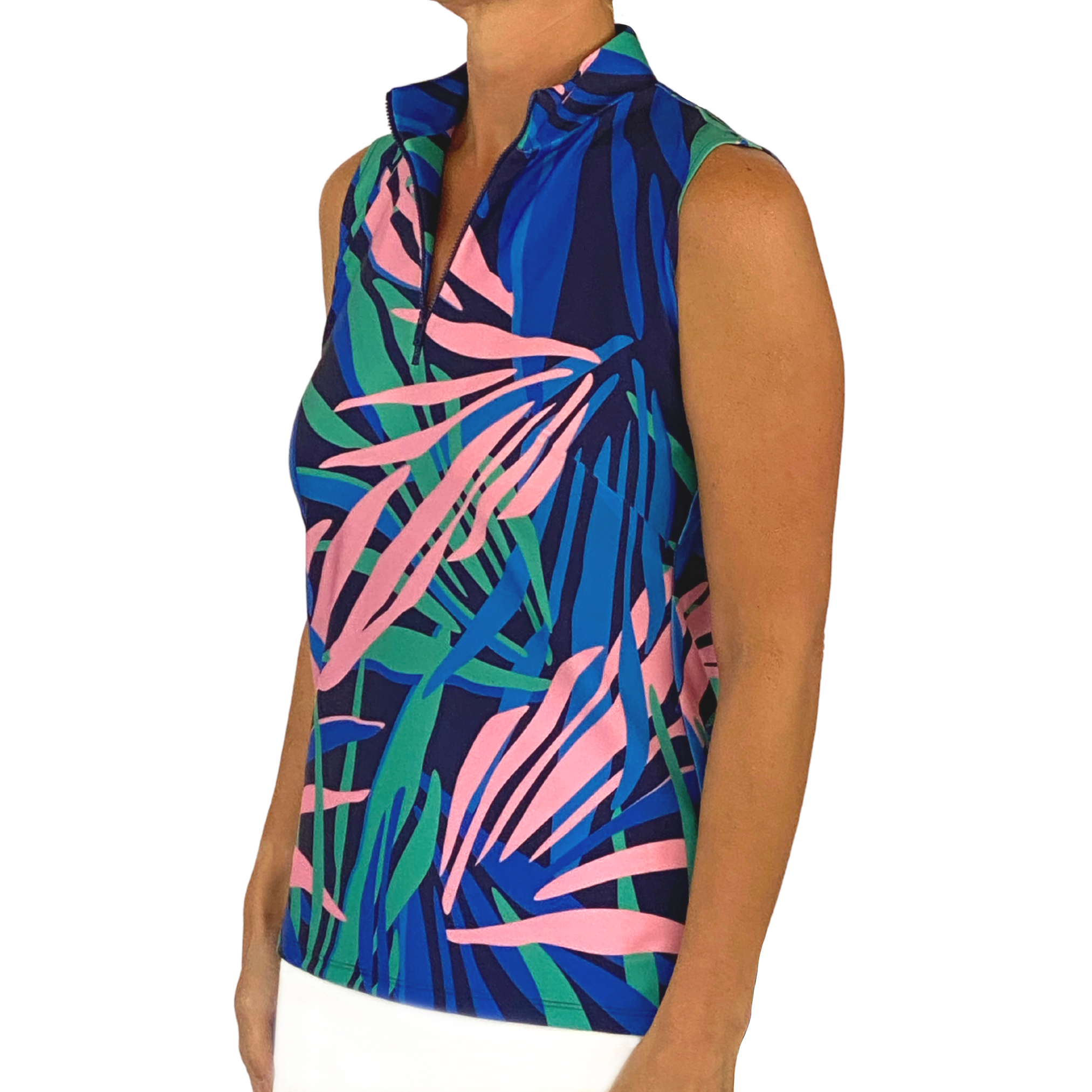 Lenox Sleeveless Top in Tropical Leaves Navy and Pink