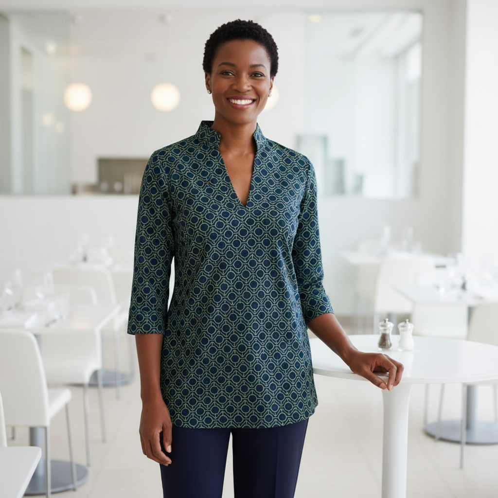 Largo Tunic Top in Geo Maze Navy and Pear (Sample)