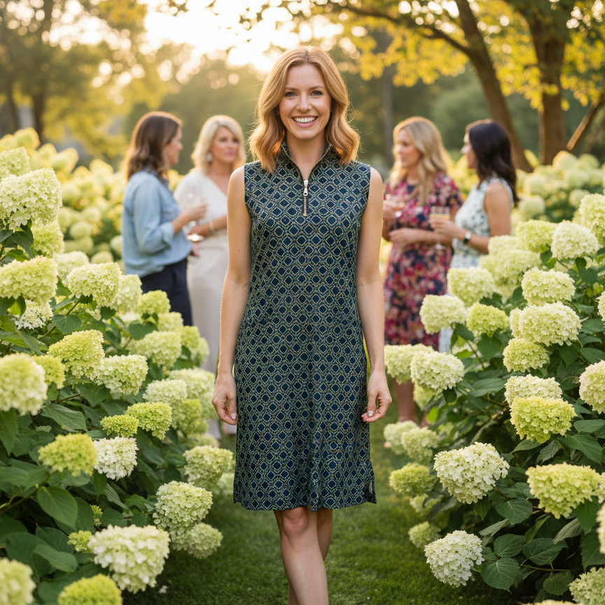Caswell Dress in Geo Maze Navy and Pear (Sample)