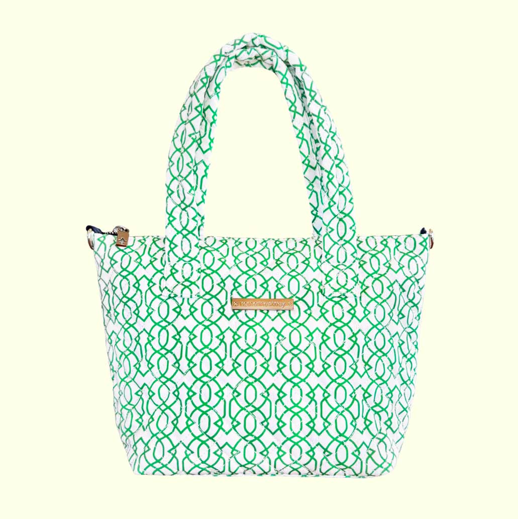 Quilted Small Crossbody Satchel in Imperial Trellis Shamrock on White