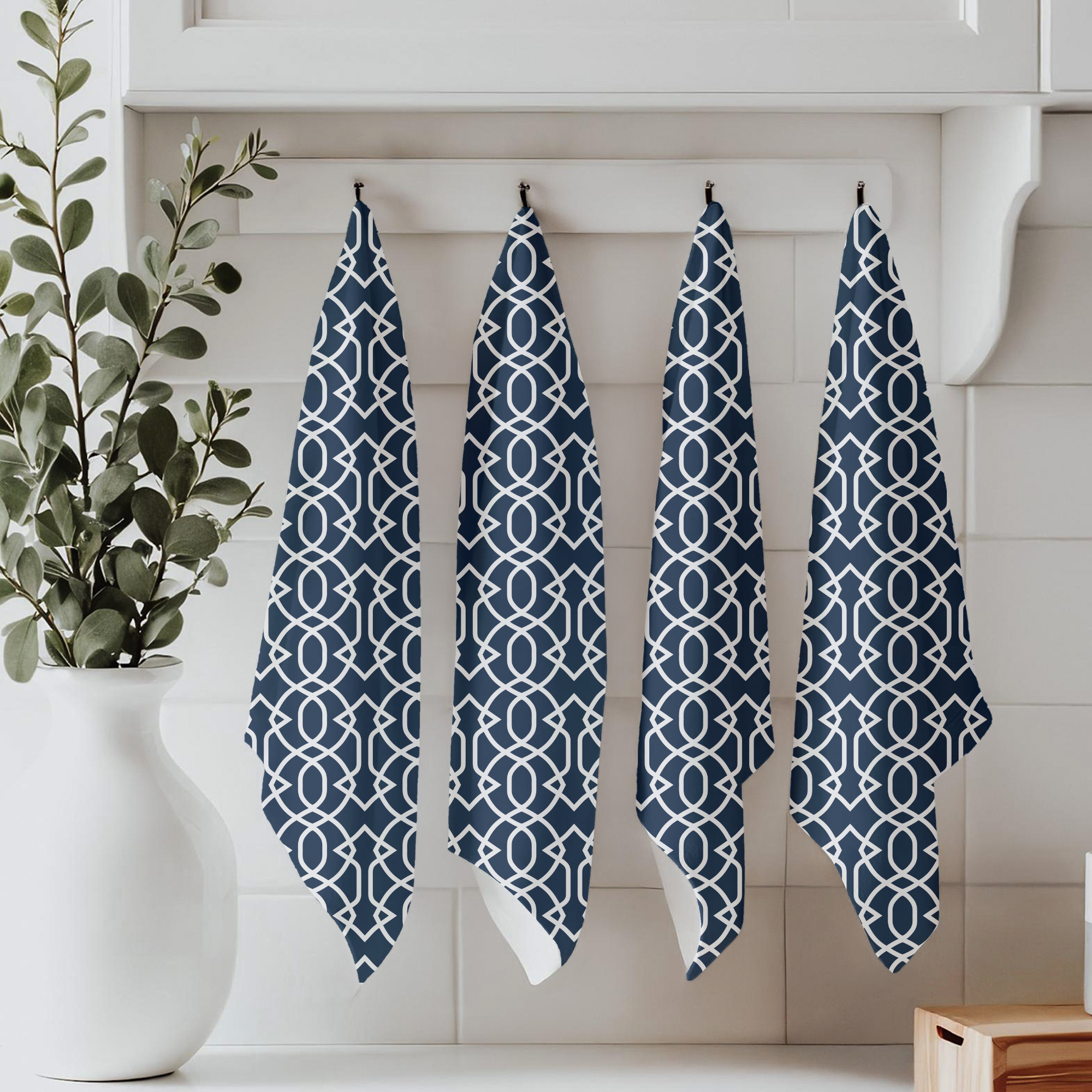 Designer Tea Towel in Imperial Trellis Navy and White