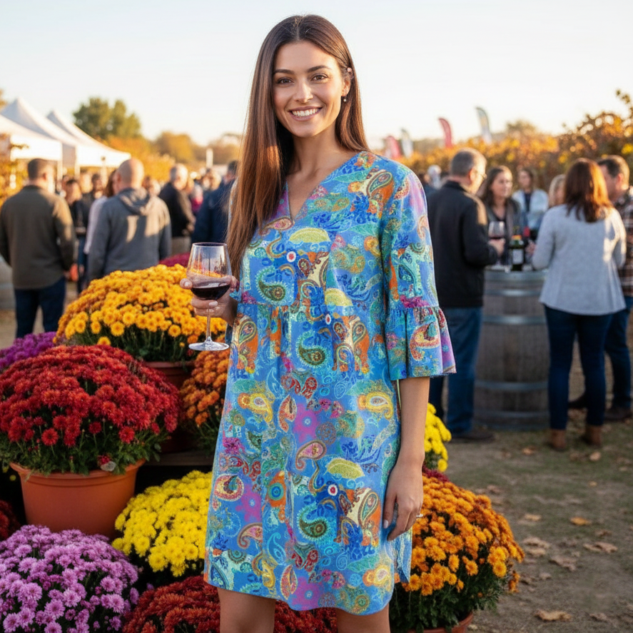 Greenwich Tunic Dress in Paisley Pachyderms Periwinkle (Sample)