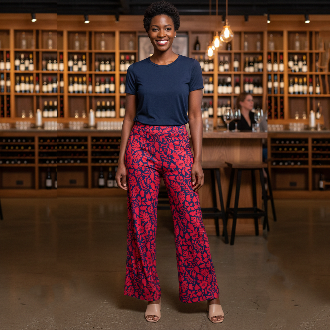Park Avenue Palazzo Pants in Tossed Leaves Navy and Cranberry