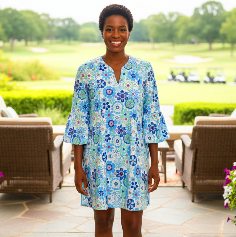 Greenwich Tunic Dress in Power Flower Blue (Sample)