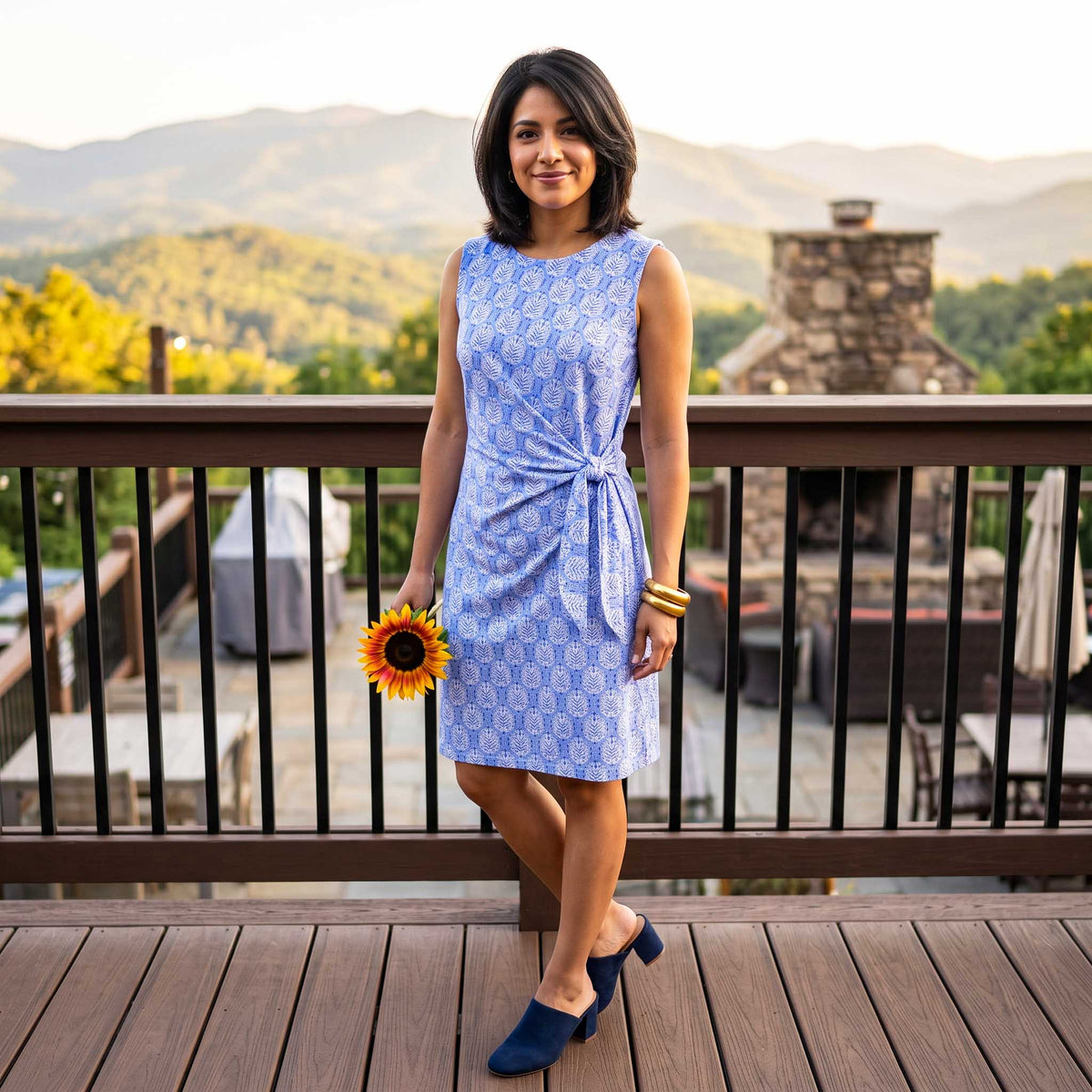 Galveston Bay Faux Wrap Dress in Fall Ferns Blue