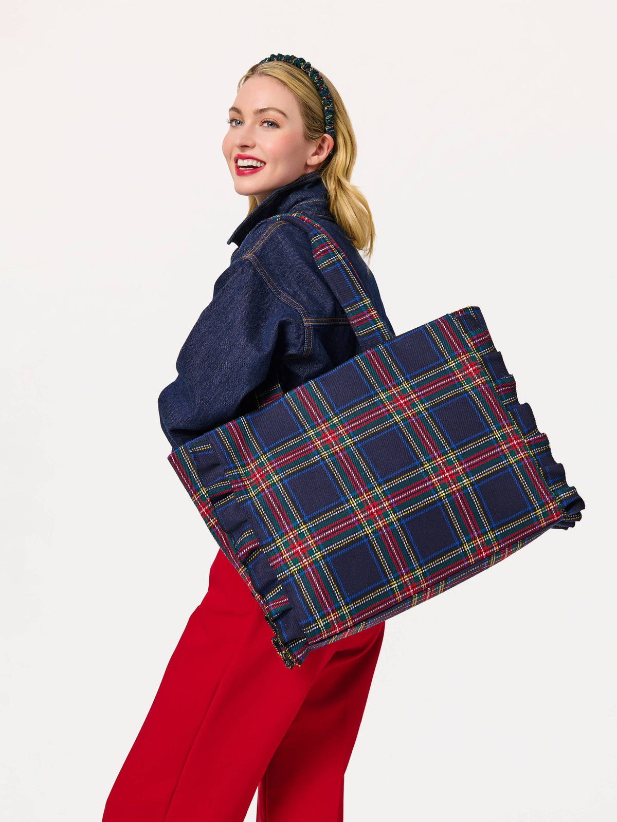 Scottie Ruffle Tartan Tote in Navy