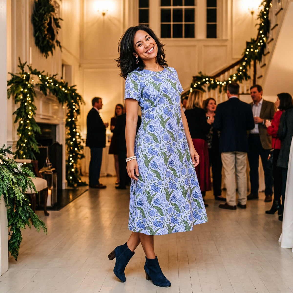 Asheville Midi Dress in Walk In The Autumn Garden Blue