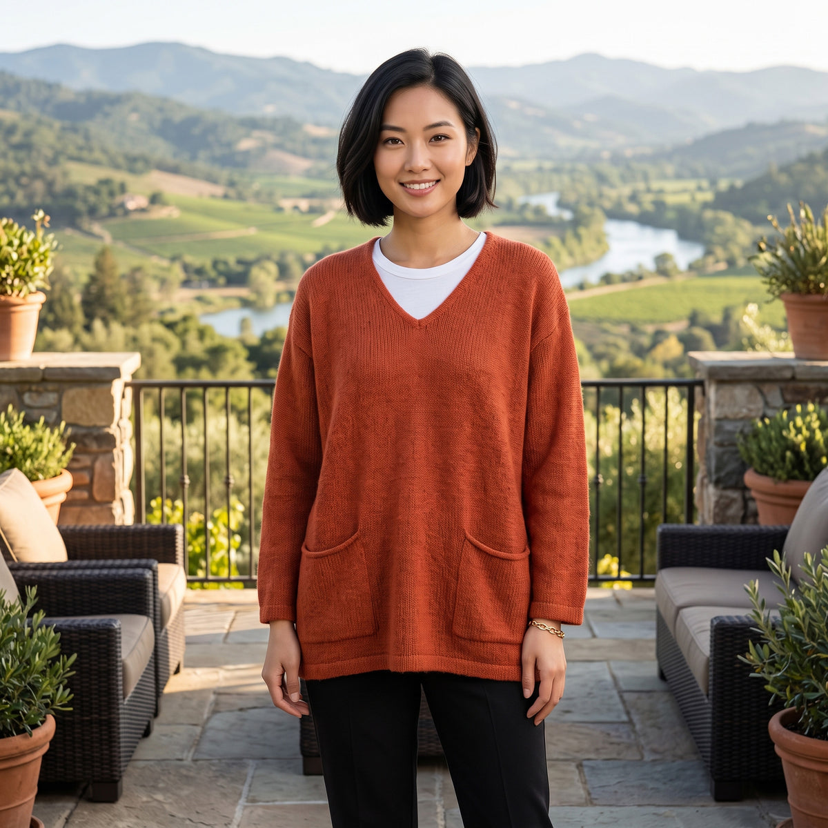 Avalin 100% Cotton V-Neck Sweater with Pockets in Terracotta
