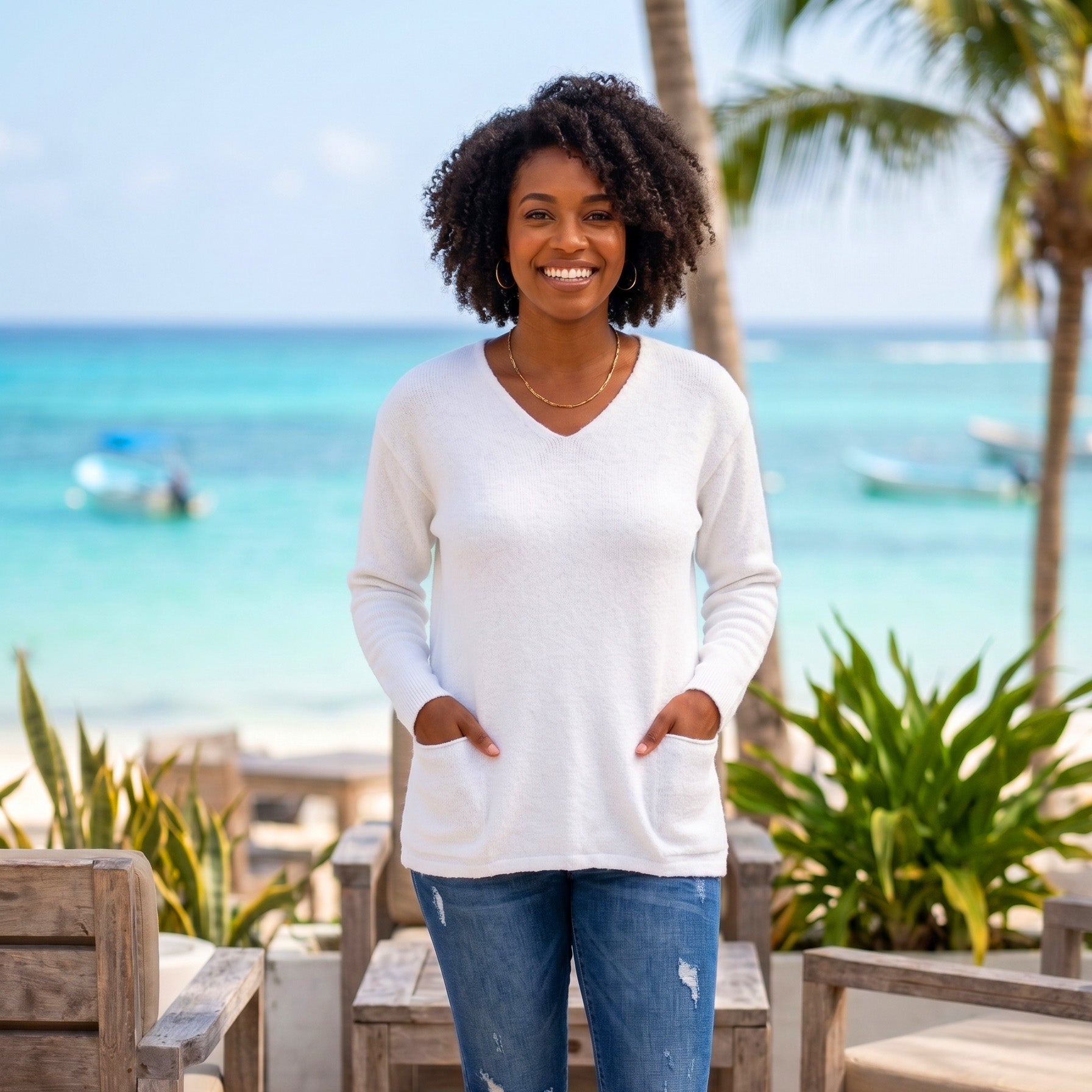 Avalin 100% Cotton V-Neck Sweater in White