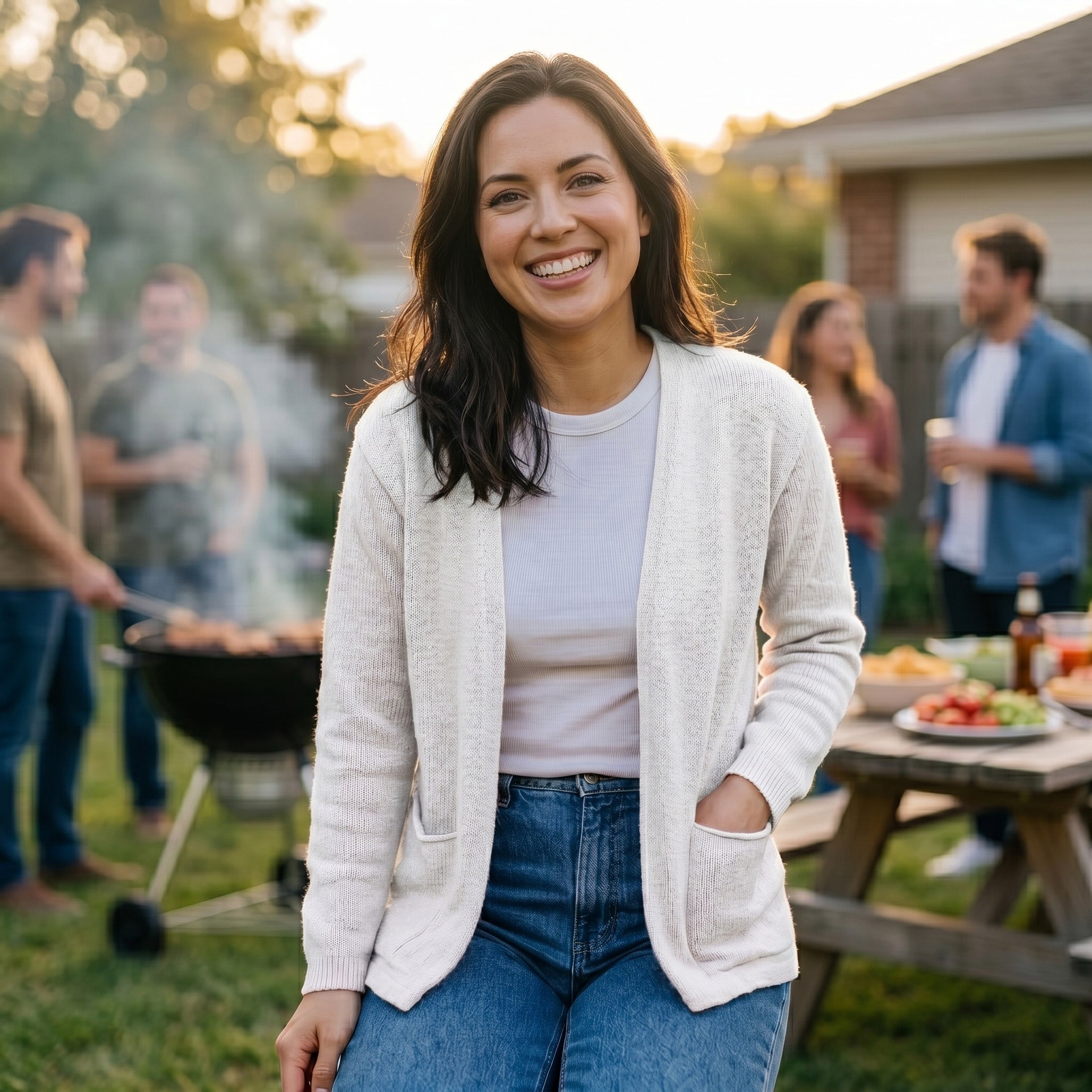 Avalin 100% Cotton Open Cardigan Sweater with Pockets in White