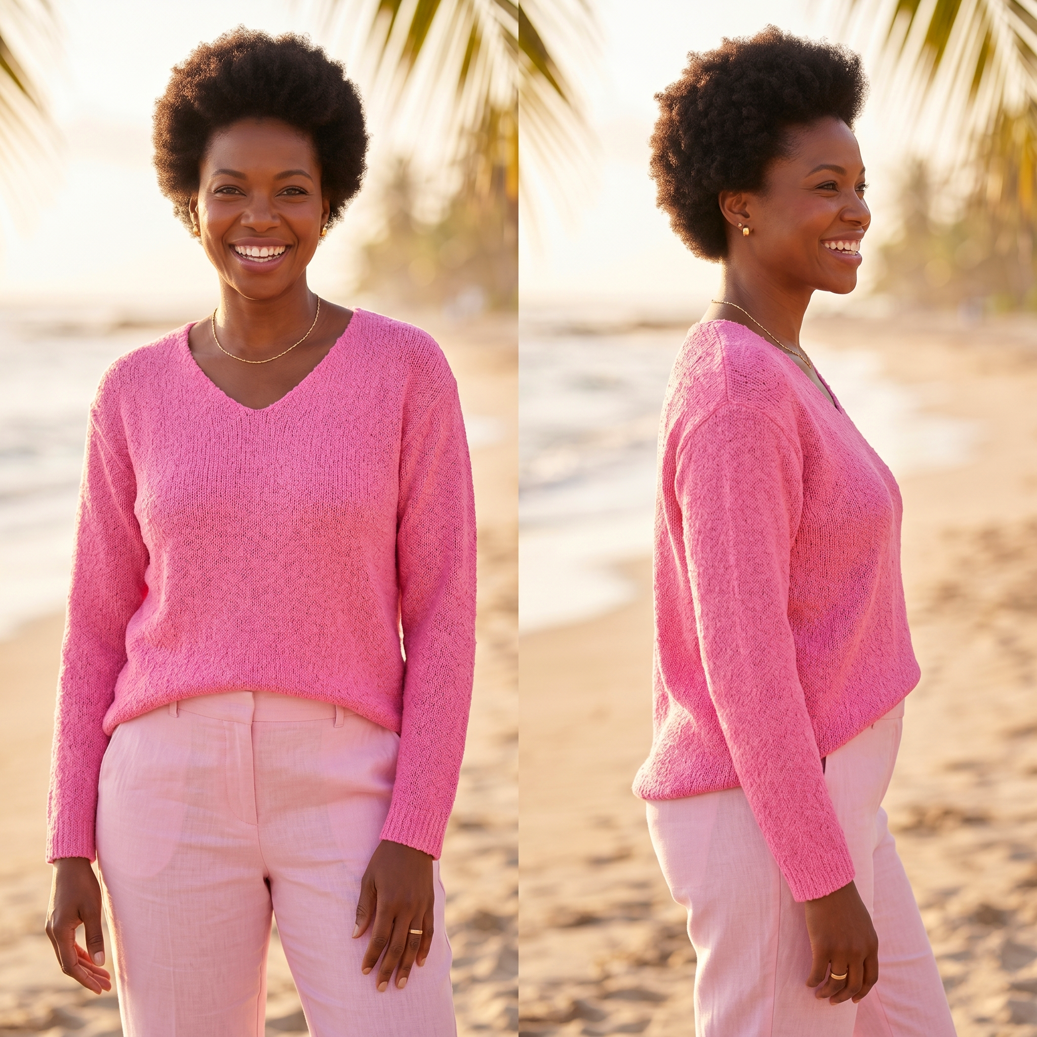 Avalin 100% Cotton Scramble Stitch V-Neck Sweater in Lipstick