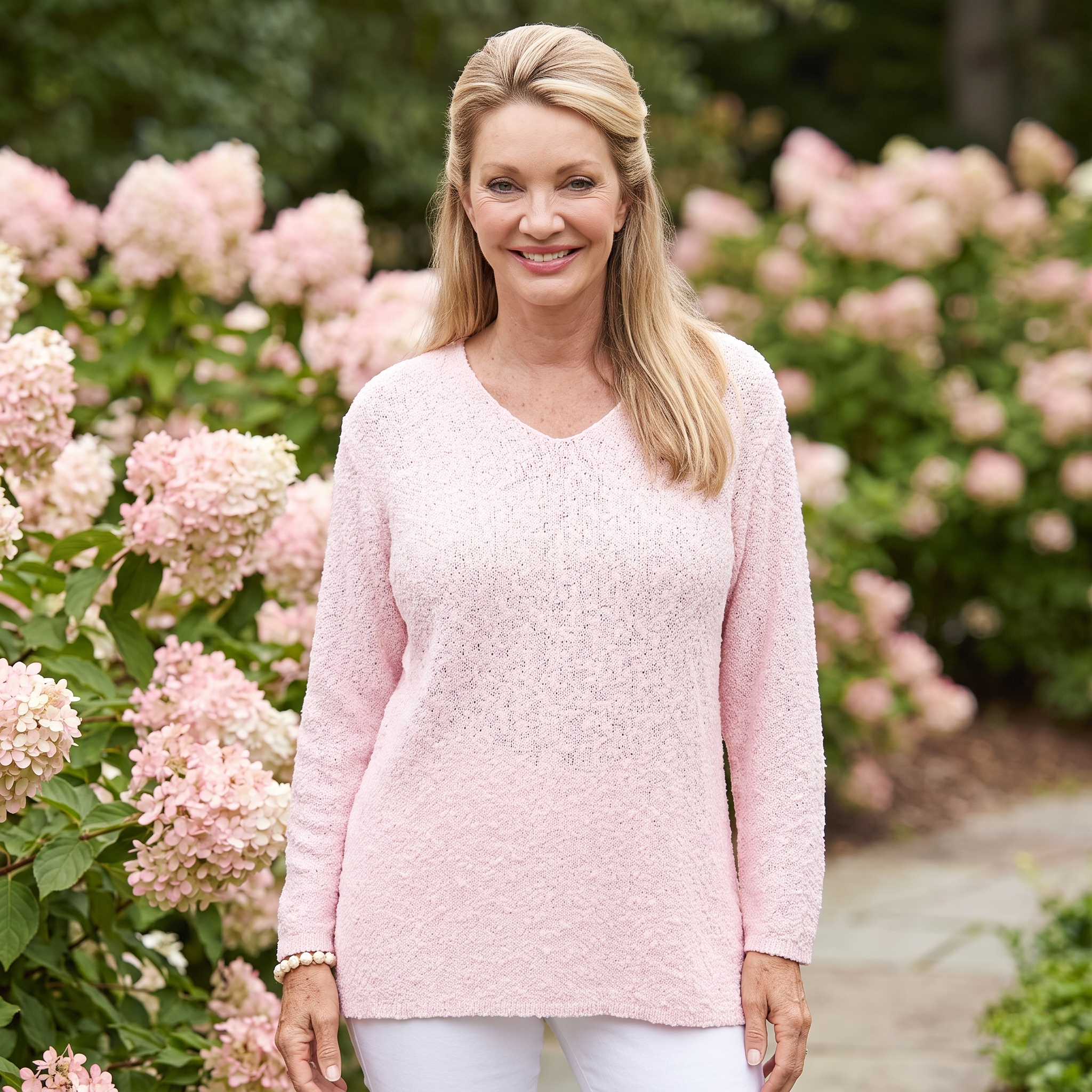 Avalin 100% Cotton Scramble Stitch V-Neck Sweater in Pink