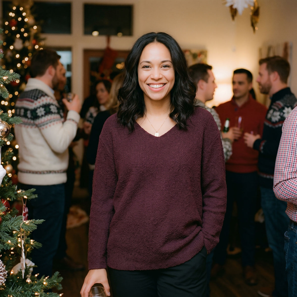 Avalin 100% Cotton V-Neck Scramble Stitch Sweater in Wine