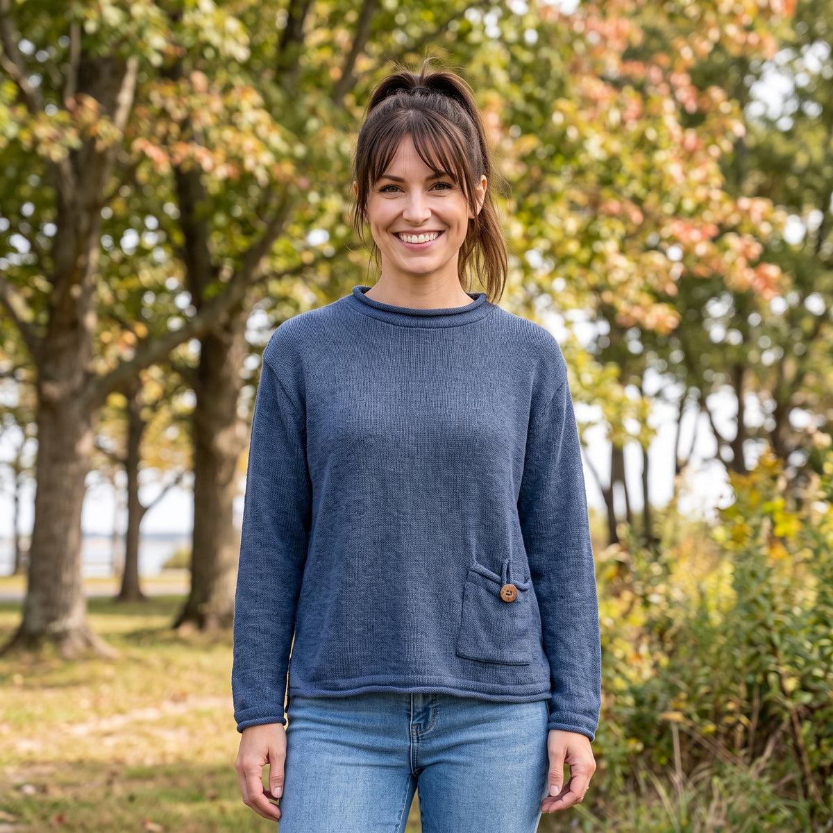 Avalin 100% Cotton Pocket Crew Neck Sweater in Indigo