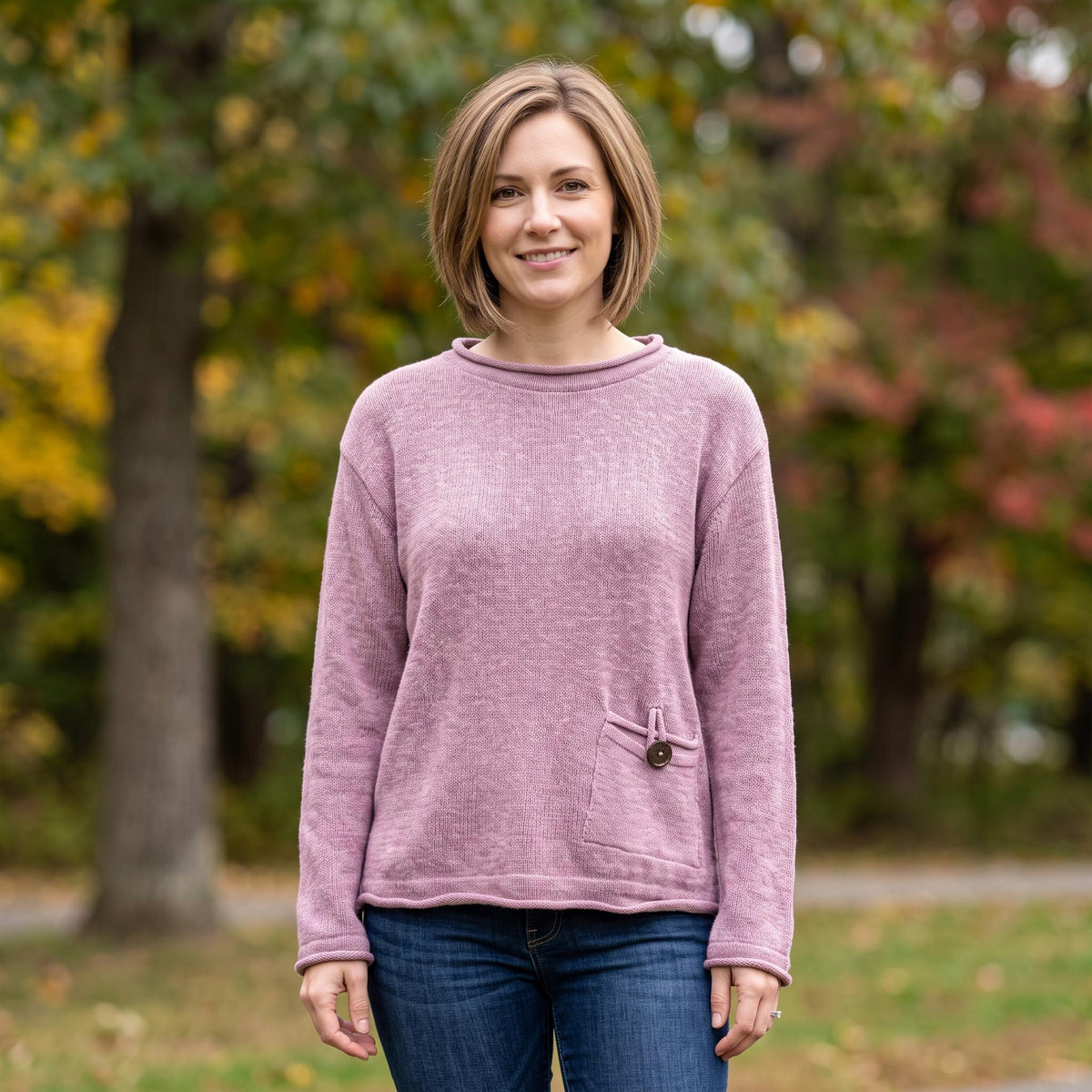 Avalin 100% Cotton Pocket Crew Neck Sweater in Mauve