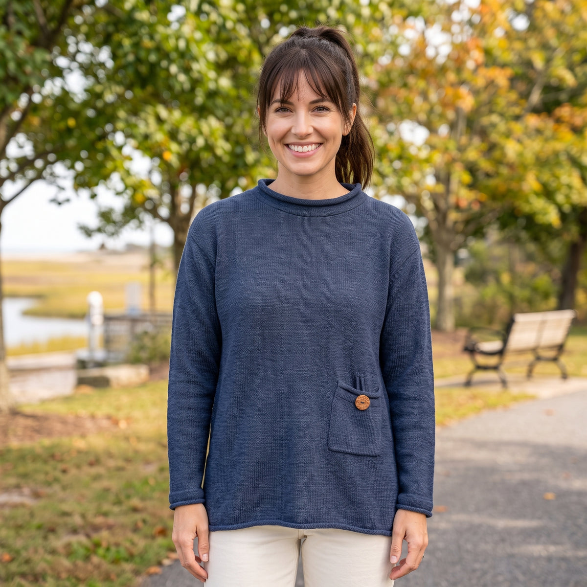 Avalin 100% Cotton Pocket Crew Neck Sweater in Navy