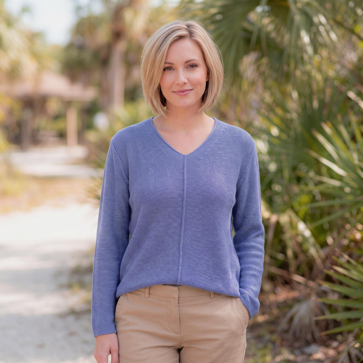 Avalin 100% Cotton V-Neck Sweater with Center Front Cable in Iris