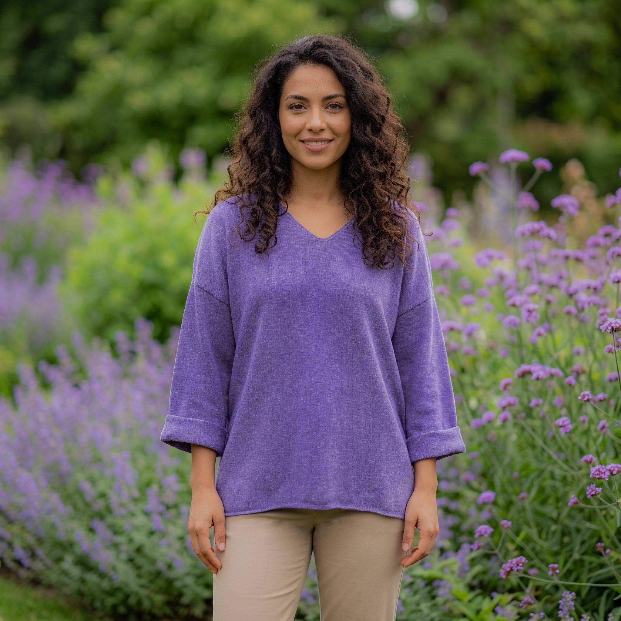 Avalin 100% Cotton V-Neck Sweater with Folded Cuff in Iris