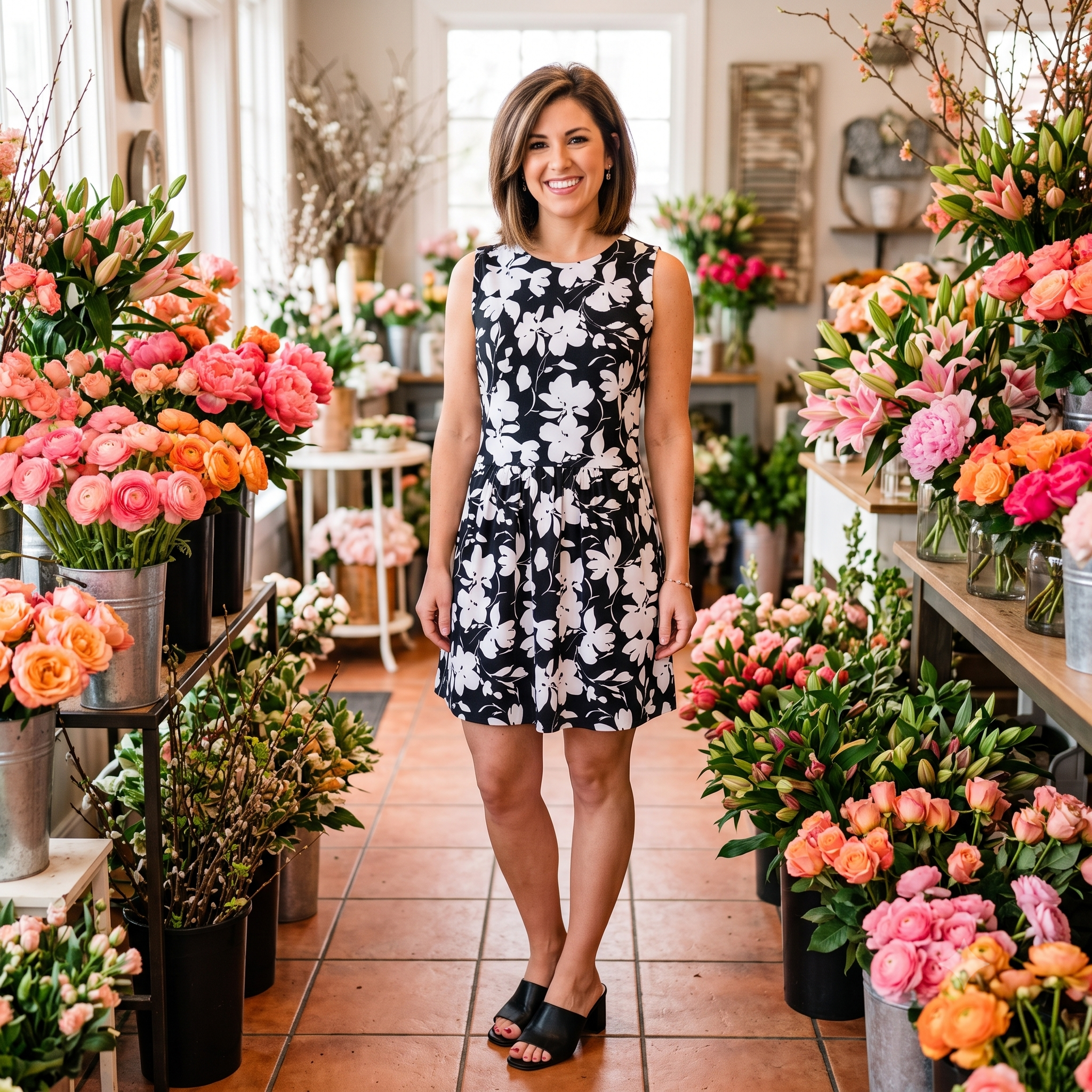 Gulf Breeze Dress in Bermuda Blooms Black and White
