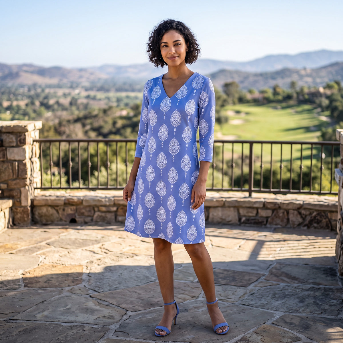 Brisbane V-Neck Dress in Taj Mahal Block Print Periwinkle and White