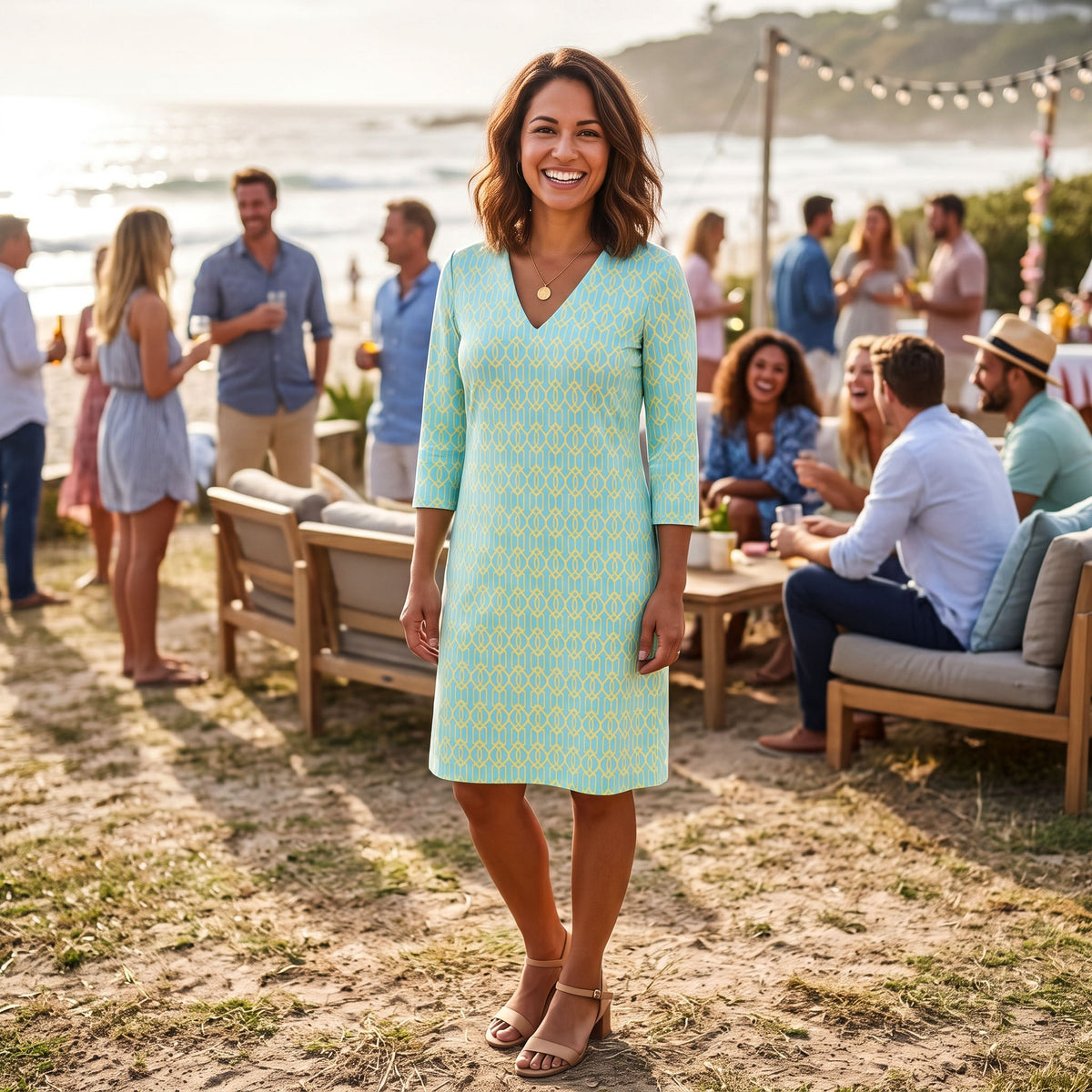 Brisbane V-Neck Dress in Cupid's Arrow Turquoise and Buttercup