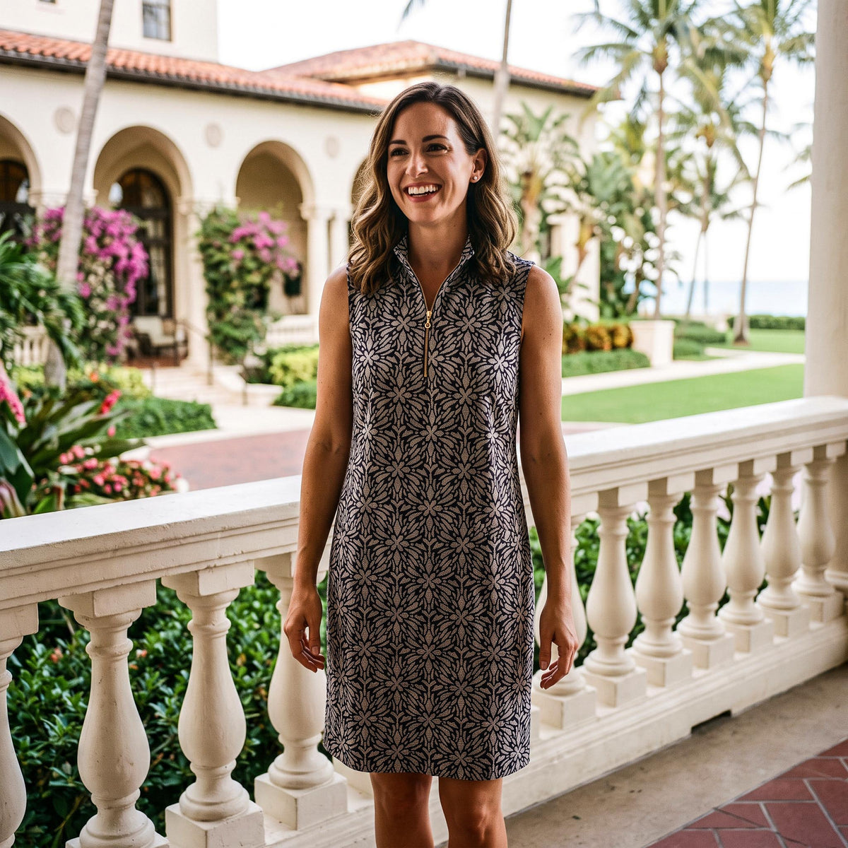 Caswell Dress in Geo Tile Black and Tan