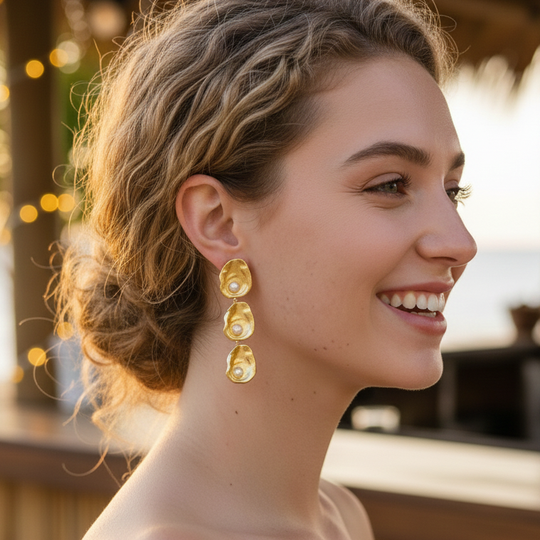Chessie Triple Oyster Dangle Earrings (Pierced)