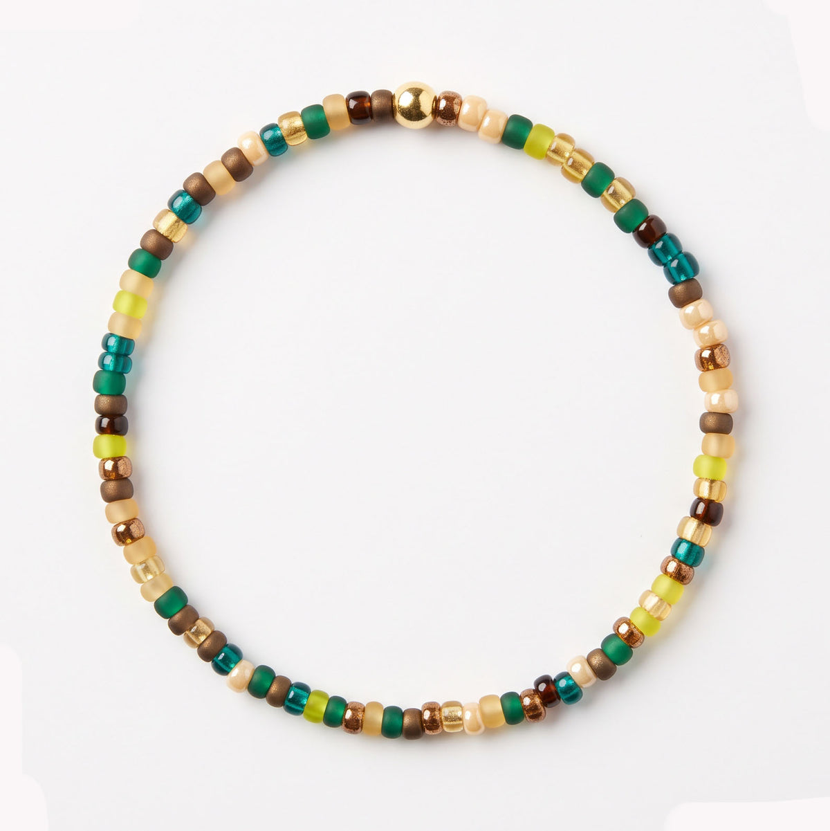 Confetti Collection Sead Bead and Gold Bead Stretch Bracelet | Blue/Green/Brown