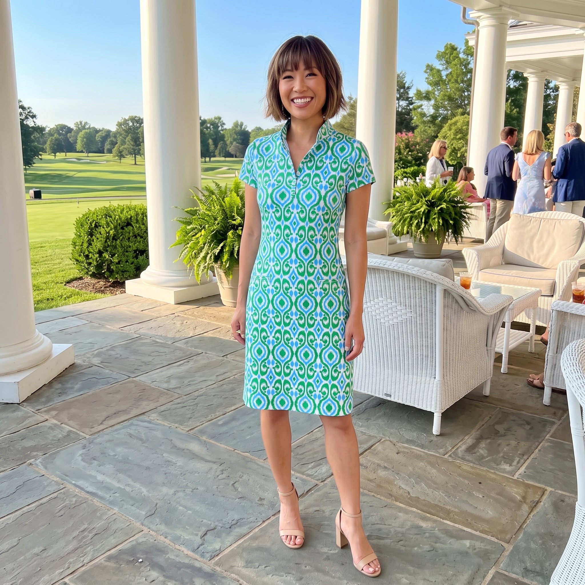Annapolis Cap Sleeve Polo Dress in Ikat Island Turquoise and Kelly