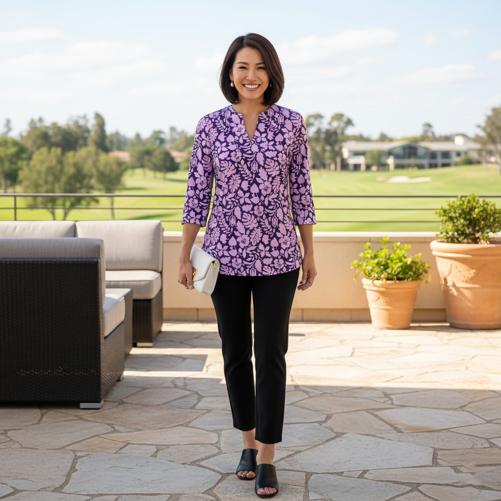Boca Tunic Top in Tossed Leaves Aubergine and Lavender (Sample)