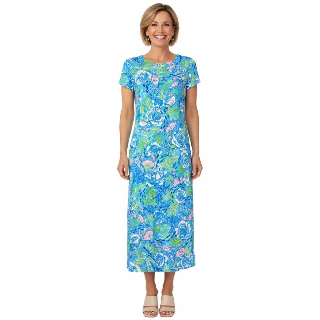 Mackinac Island Midi Length Tee Shirt Dress in Under The Sea Blue/Coral
