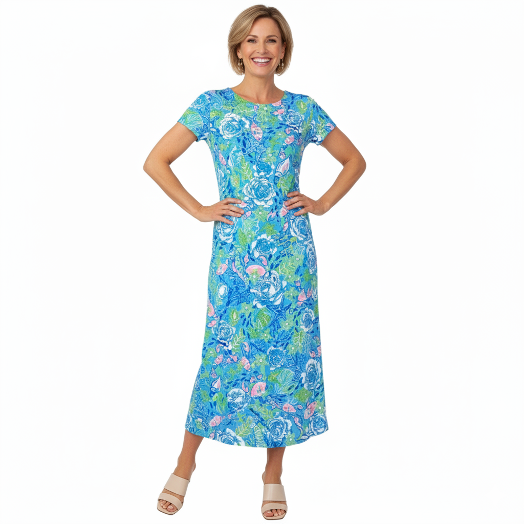Mackinac Island Midi Length Tee Shirt Dress in Under The Sea Blue/Coral