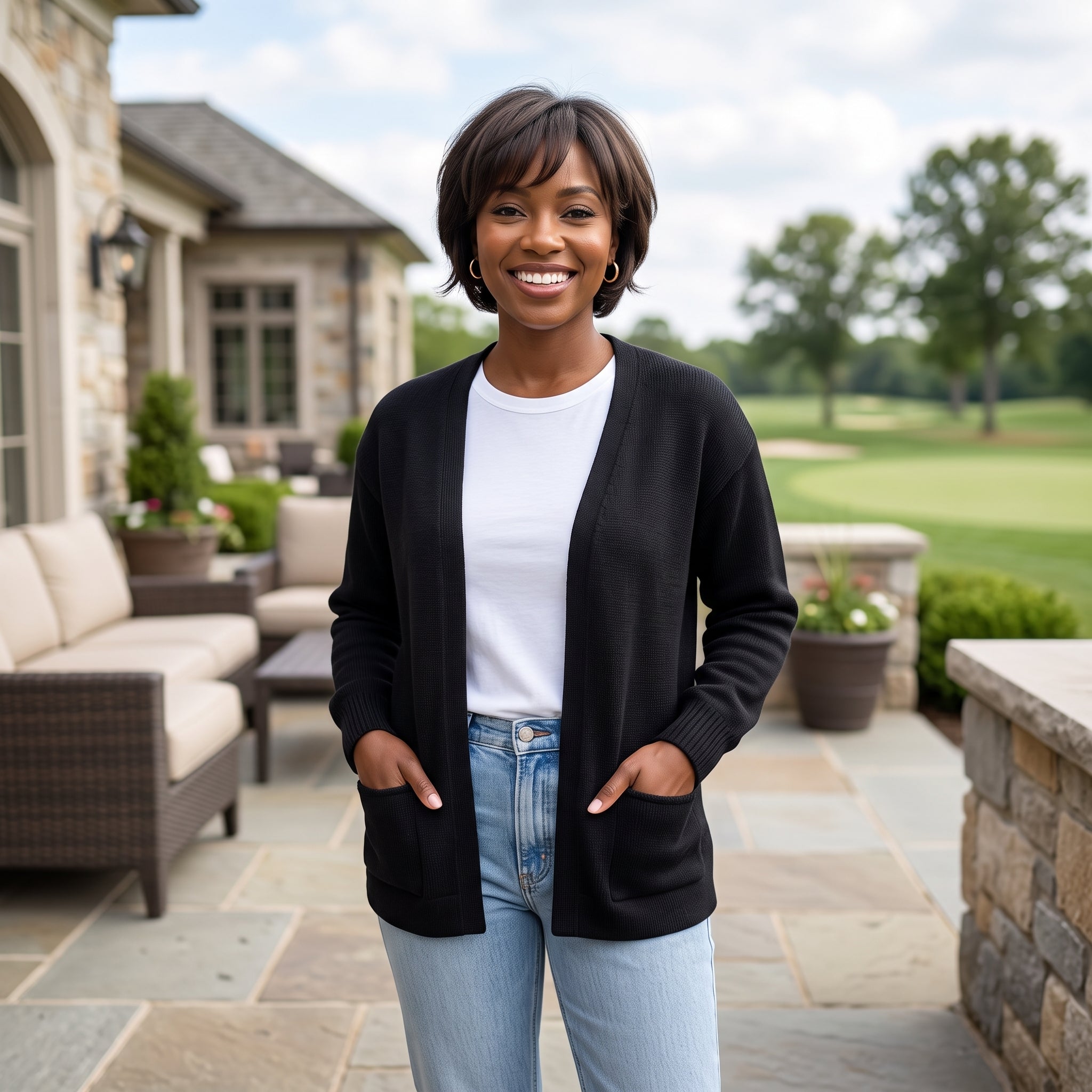 Avalin 100% Cotton Open Cardigan Sweater with Pockets in Black