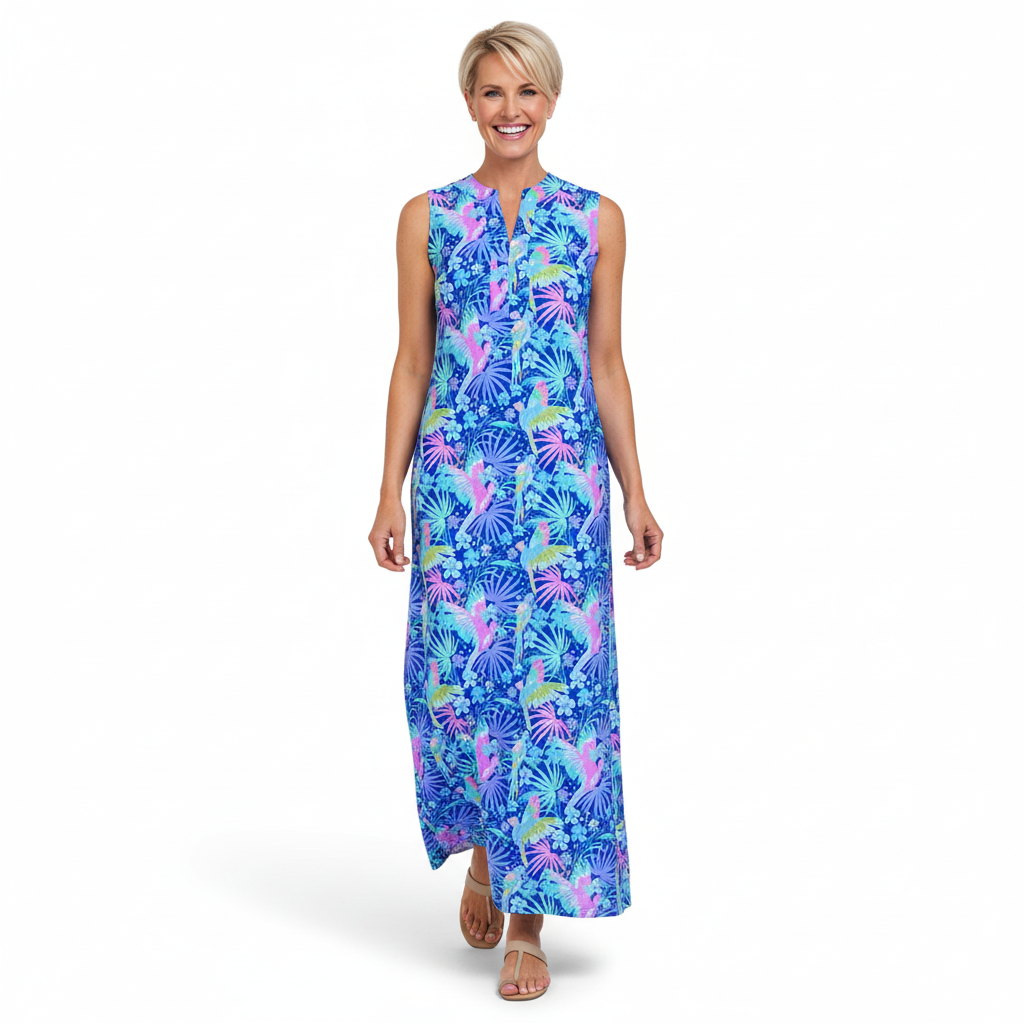 Worth Avenue Maxi Tunic Dress in Parrotheads At Play Cobalt