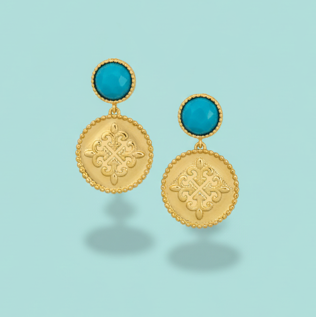 Jolene Caribbean Blue Stone and Coin Earrings